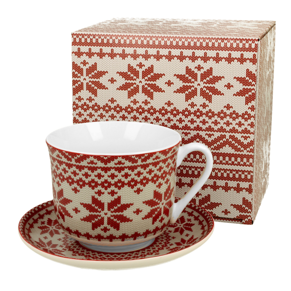 Filiżanka do kawy i herbaty porcelanowa ze spodkiem DUO SWETEREK CZERWONY 460 ml